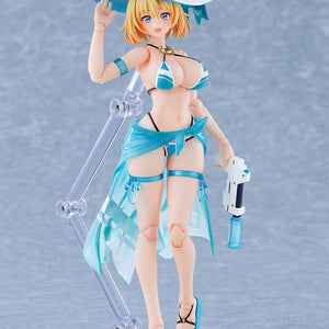 Front view of the Sophia F. Shirring figma fully equipped with her removable sun hat, translucent blue swim skirt, and water pistol.