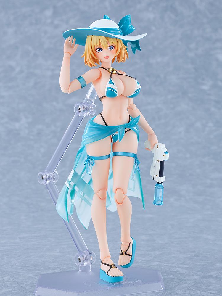 Front view of the Sophia F. Shirring figma fully equipped with her removable sun hat, translucent blue swim skirt, and water pistol.