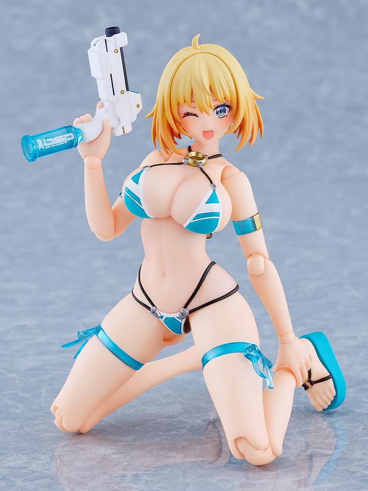 The Sophia F. Shirring figma posed kneeling on the ground while holding the included white and blue water pistol accessory.