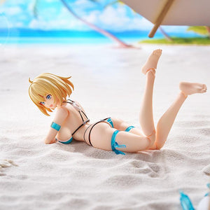 Sophia F. Shirring figma posed laying on her stomach on white sand under a beach umbrella, displaying the interchangeable bare feet.
