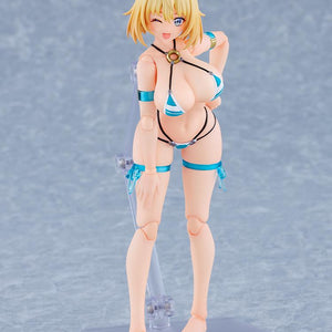 Sophia F. Shirring Swimsuit Version figure leaning forward playfully with a winking face plate and hands resting on her thighs.