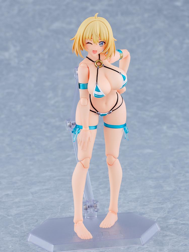 Sophia F. Shirring Swimsuit Version figure leaning forward playfully with a winking face plate and hands resting on her thighs.