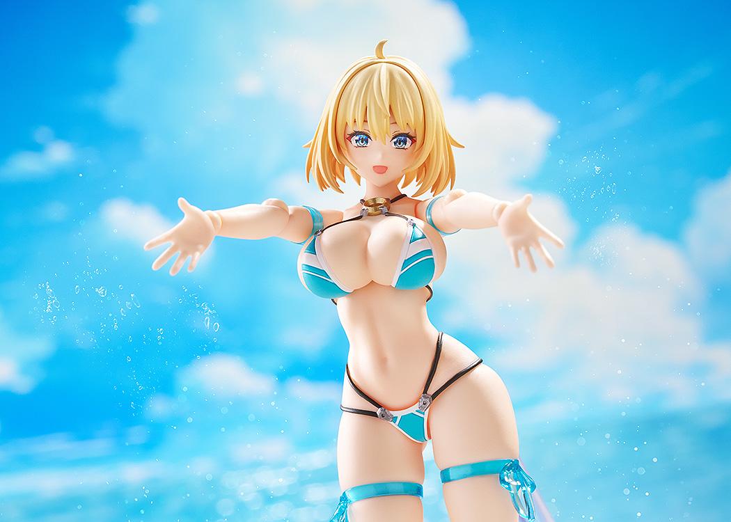 The Bunny Suit Planning Sophia F. Shirring figma in her blue and white swimsuit, reaching out with both hands against a bright sky background.