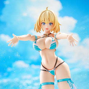 The Bunny Suit Planning Sophia F. Shirring figma in her blue and white swimsuit, reaching out with both hands against a bright sky background.