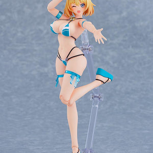 Dynamic running action pose of the Sophia F. Shirring Swimsuit Version figma using the articulated display stand and winking expression.