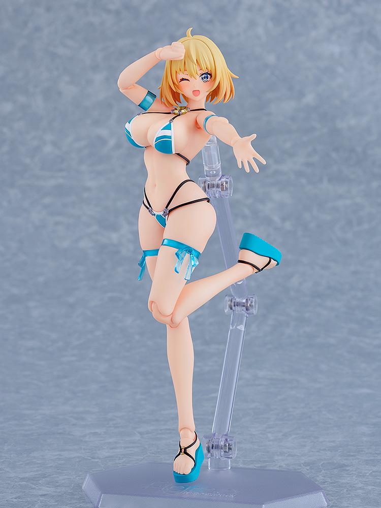Dynamic running action pose of the Sophia F. Shirring Swimsuit Version figma using the articulated display stand and winking expression.