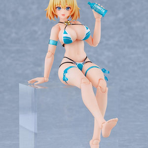 Bunny Suit Planning's Sophia F. Shirring figma action figure posed sitting on a clear display block, holding her water bottle accessory with bare feet.