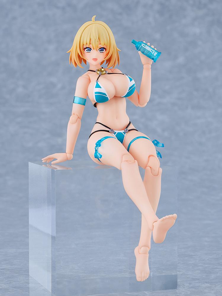 Bunny Suit Planning's Sophia F. Shirring figma action figure posed sitting on a clear display block, holding her water bottle accessory with bare feet.
