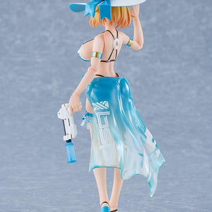 Back view of the Sophia F. Shirring action figure highlighting the BSP Bunny Suit Planning logo printed on her translucent blue swim skirt.