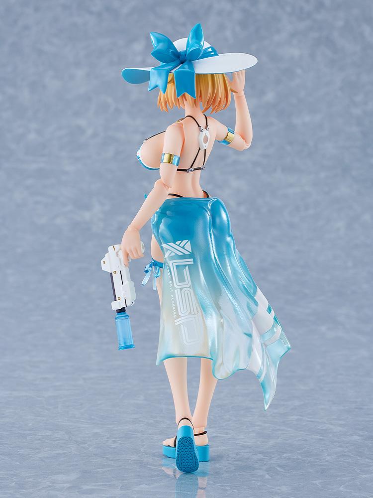 Back view of the Sophia F. Shirring action figure highlighting the BSP Bunny Suit Planning logo printed on her translucent blue swim skirt.