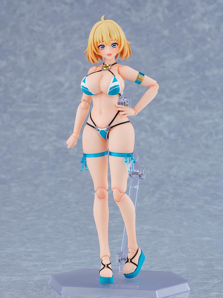 Front view of the Max Factory figma Sophia F. Shirring Swimsuit Version figure supported by an articulated clear stand on a neutral background.