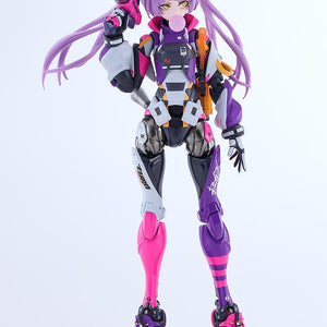 Front studio shot of the SSX-155C Pop Tracker cyborg runner figure holding her megaphone upright near her shoulder.