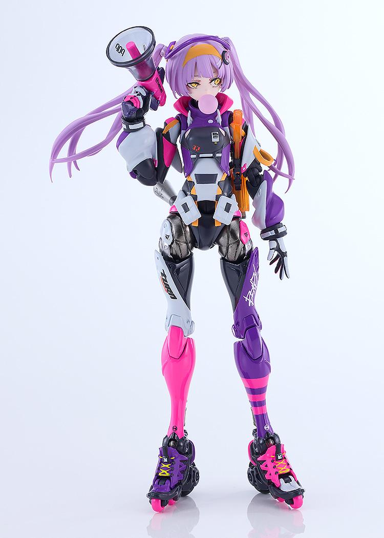 Front studio shot of the SSX-155C Pop Tracker cyborg runner figure holding her megaphone upright near her shoulder.