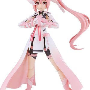 Fully assembled Max Factory PLAMATEA Yuki Yuna plastic model kit in her signature pink and white Hero uniform, standing with hands clasped together on a solid white background.