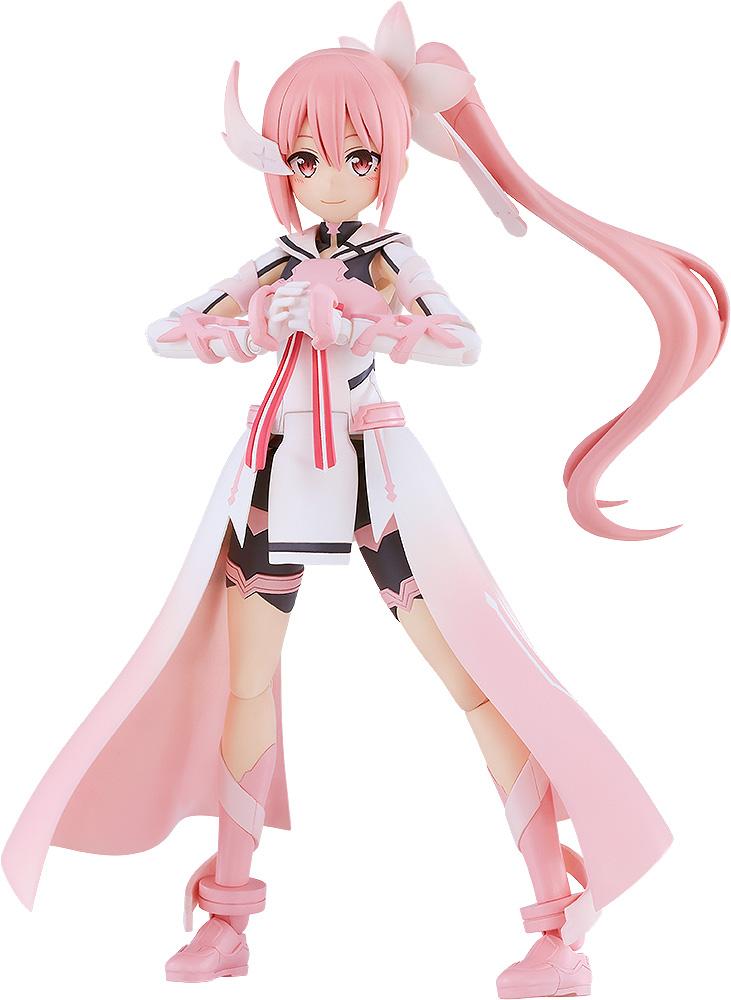 Fully assembled Max Factory PLAMATEA Yuki Yuna plastic model kit in her signature pink and white Hero uniform, standing with hands clasped together on a solid white background.