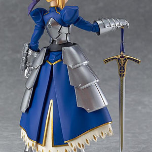 Rear view of the Saber 2.0 figma figure, showing the articulation of the layered skirt armor and the detailed sculpt of her hair and outfit.