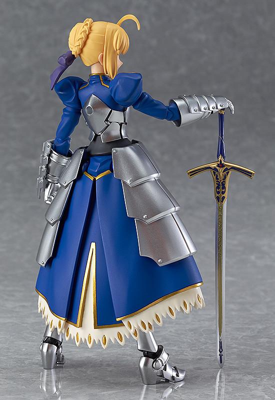 Rear view of the Saber 2.0 figma figure, showing the articulation of the layered skirt armor and the detailed sculpt of her hair and outfit.