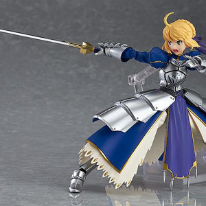 Dynamic action pose of the Saber 2.0 figma figure thrusting Excalibur forward, demonstrating the improved joints and poseability.