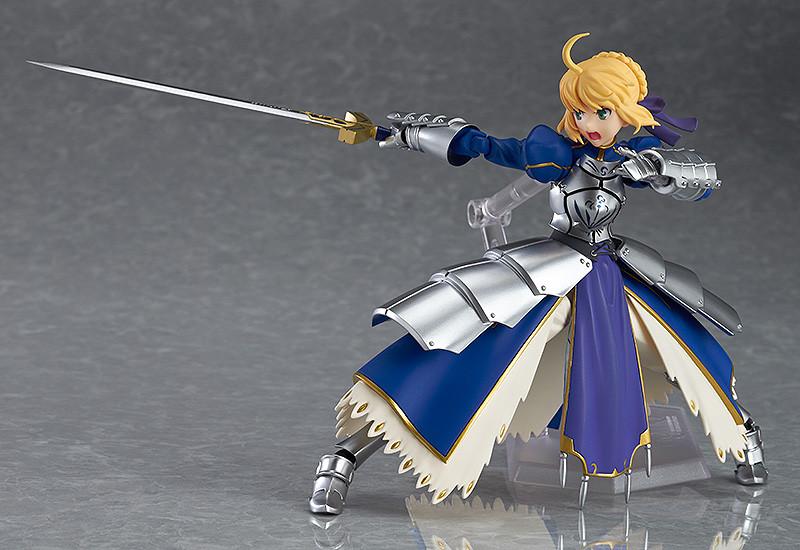 Dynamic action pose of the Saber 2.0 figma figure thrusting Excalibur forward, demonstrating the improved joints and poseability.