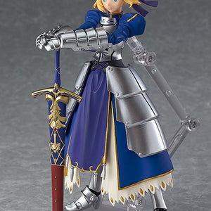 Full frontal pose of the Saber 2.0 figma figure, leaning on the sheathed Excalibur, highlighting the metallic armor and deep blue dress.