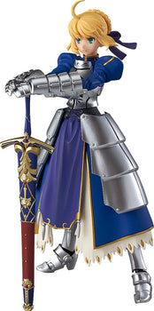 Front view of the Max Factory figma Saber 2.0 figure, showcasing her blue and silver armor and holding the sheathed Excalibur.
