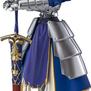 Front view of the Max Factory figma Saber 2.0 figure, showcasing her blue and silver armor and holding the sheathed Excalibur.