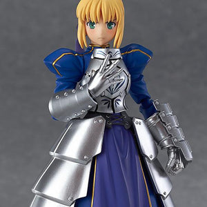 A close-up of the Saber 2.0 figma figure's torso and face, showing the standard relaxed expression and the detailed metallic silver armor.