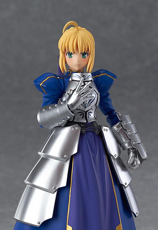 A close-up of the Saber 2.0 figma figure's torso and face, showing the standard relaxed expression and the detailed metallic silver armor.