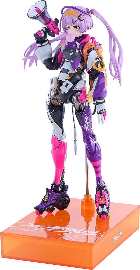 Isolated studio view of the Max Factory Shojo-Hatsudoki Motored Cyborg Runner SSX-155C Pop Tracker action figure standing on an orange acrylic base.