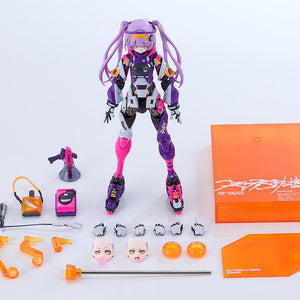 Complete accessories and parts layout for Motored Cyborg Runner Pop Tracker including extra face plates, hands, megaphone, bags, and orange display base.