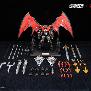 Full layout of the Mazinkaiser Alloy Frame model kit showing the mecha figure and all included accessories and effect parts.