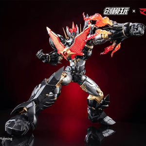 Full-body action shot of Mazinkaiser lunging forward for a punch with arm flame effects.