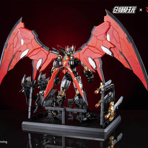 Rear view of the display stand showing weapon storage and figure support for Mazinkaiser.