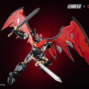 Mazinkaiser dual-wielding swords in a dynamic mid-air pose with wings deployed.