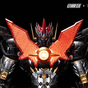 Waist-up portrait of Mazinkaiser with activated yellow eye LEDs and Fire Blaster chest LED.