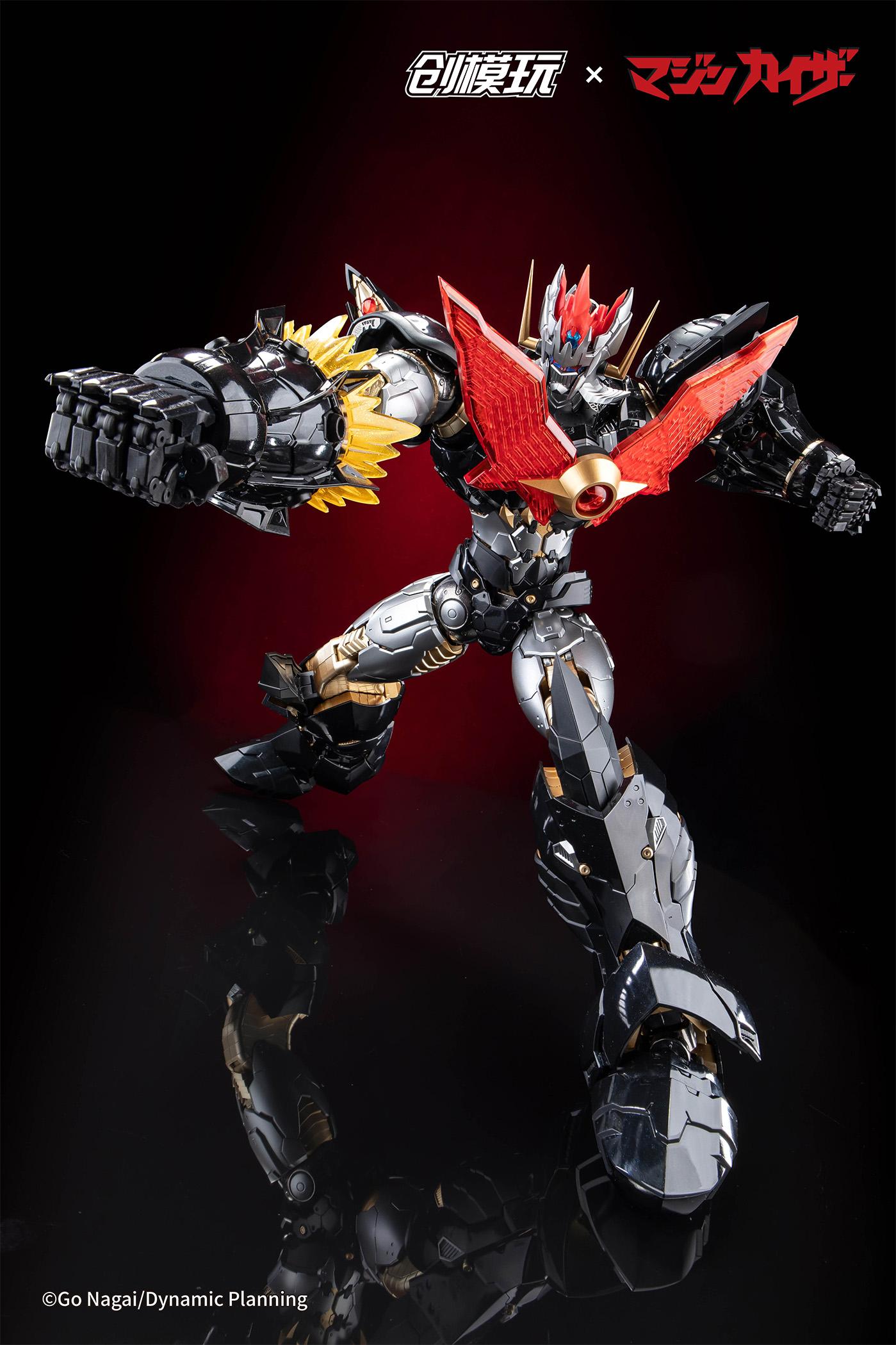 Low-angle shot of Mazinkaiser in a powerful ground punch pose on a black reflective surface.