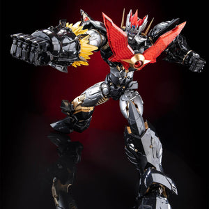 Low-angle shot of Mazinkaiser in a powerful ground punch pose on a black reflective surface.