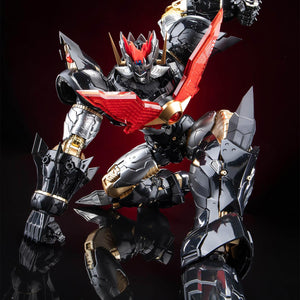 Mazinkaiser alloy frame figure in a detailed kneeling heroic landing pose on a reflective surface.