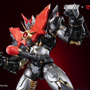 Dynamic mecha action pose of Mazinkaiser with glowing chest LED and translucent orange power effects.
