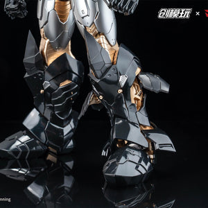 Detailed view of Mazinkaiser's leg armor and feet showing alloy frame joints and pistons.