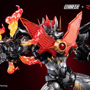 Mazinkaiser performing the Turbo Smasher Punch with large translucent flame exhaust effects.