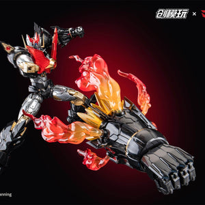 Wide action shot of Mazinkaiser launching its rocket fist with dynamic flame trails.