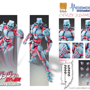 A comprehensive product collage of the Crazy Diamond figure, showing various poses, swappable hands, the crystal heart, and a "DORARARA" dialogue plate.