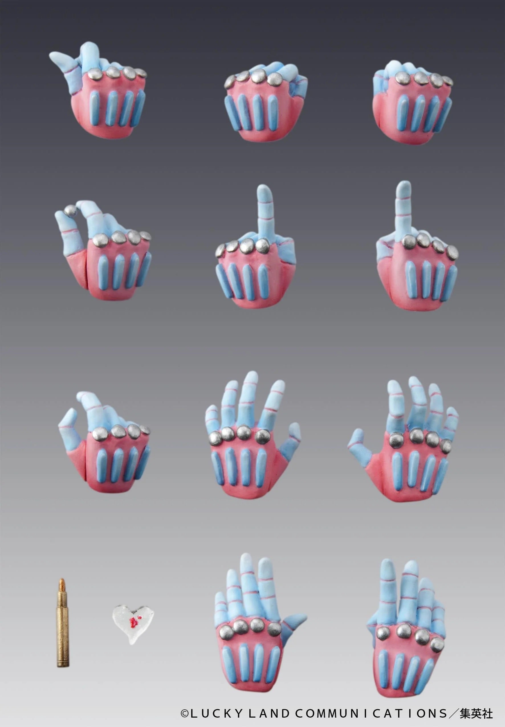 A display of all the interchangeable hand parts for the Crazy Diamond figure, featuring the metallic studs and finger positions.