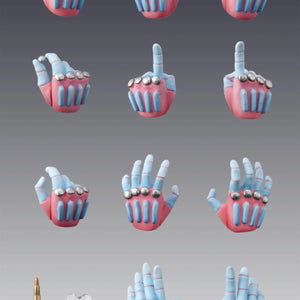 A display of all the interchangeable hand parts for the Crazy Diamond figure, featuring the metallic studs and finger positions.
