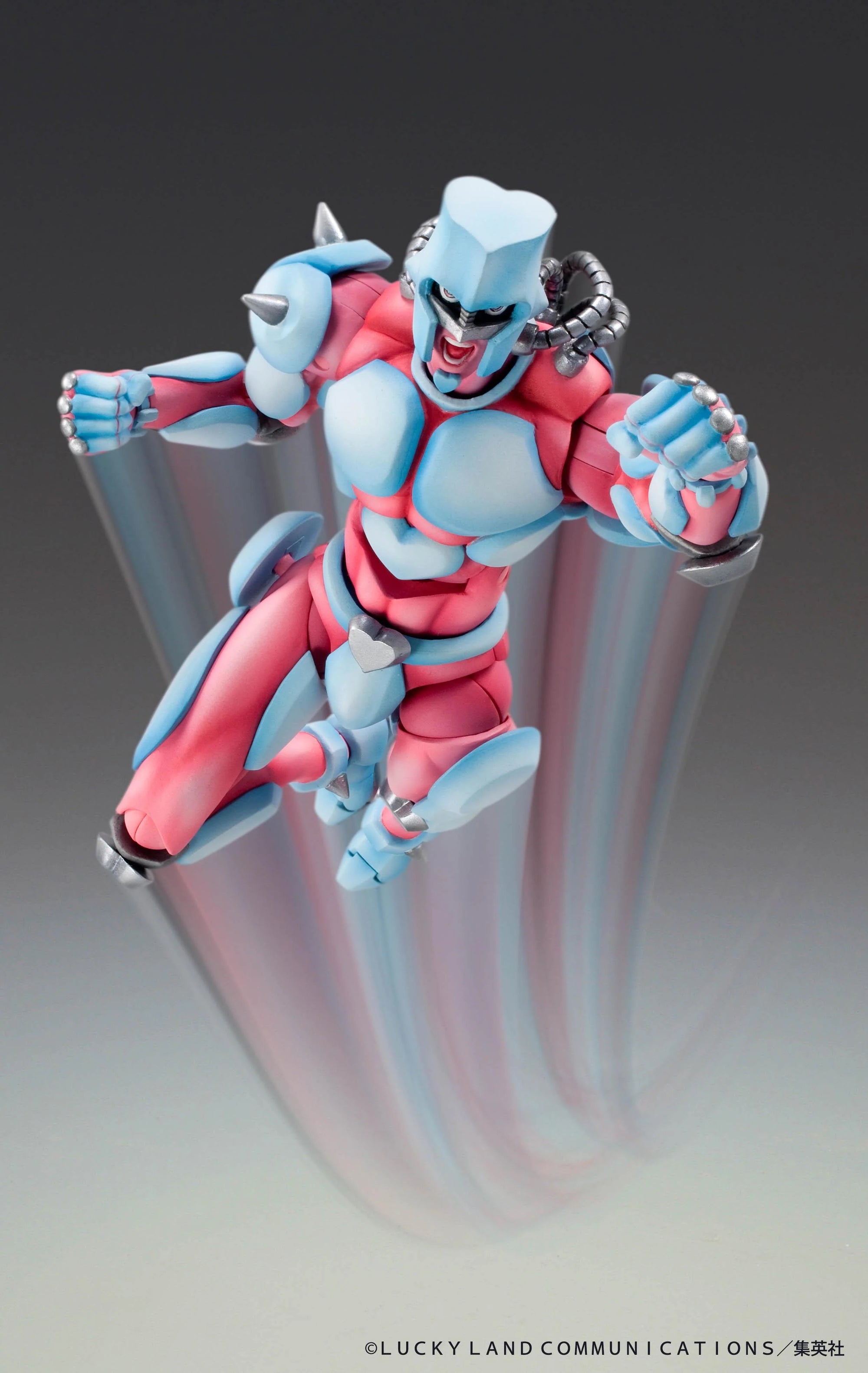 Crazy Diamond figure in a leaping pose, highlighting the articulation and the pink and light blue armor design.