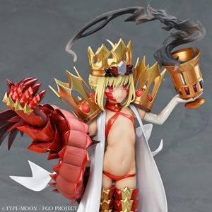 Close-up of the Beast/Draco figure's face, showing her red eyes, cheek markings, and the large red dragon arm/shield.