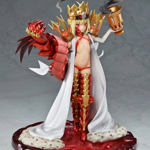 Full frontal view of the Medicos FGO Beast/Draco (Second Ascension) 1/7 Scale Figure, holding the golden chalice and standing in a pool of red liquid.