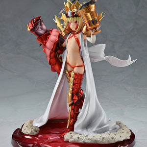 Side profile of the Beast/Draco figure, highlighting the red metallic armor, white robes, and the fiery, reflective red base.