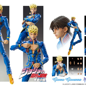 A comprehensive product collage of the Giorno Giovanna Second figure, displaying various poses, swappable faces, hands, and included accessories like the teacup and lighter.